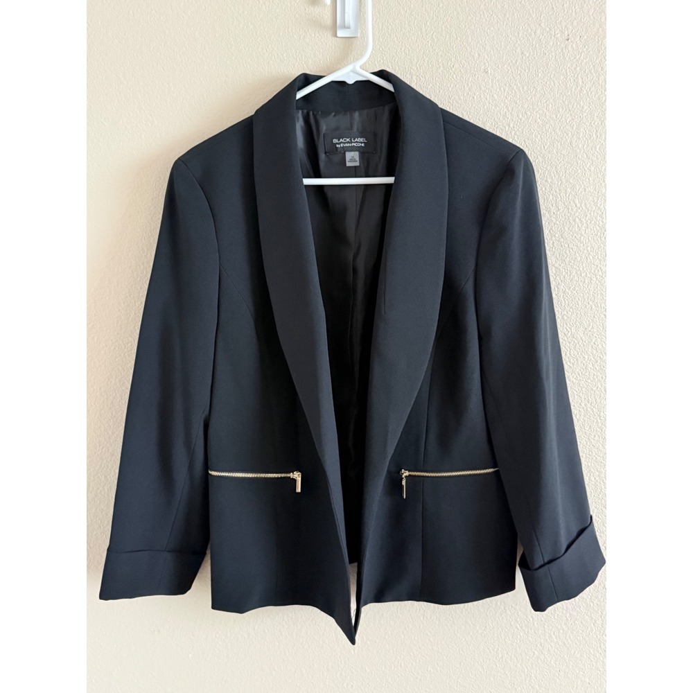 Black Label by Evan-Picone Women Black Shawl Collar Zipper Detail Blazer Size 14